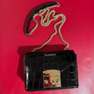 Valentino Black and Gold Crossbody Bag with Croc-Embossed Leather